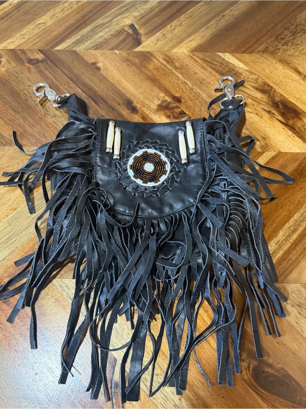 Biker Beaded Fringe Leather Hip Clip Pouch
